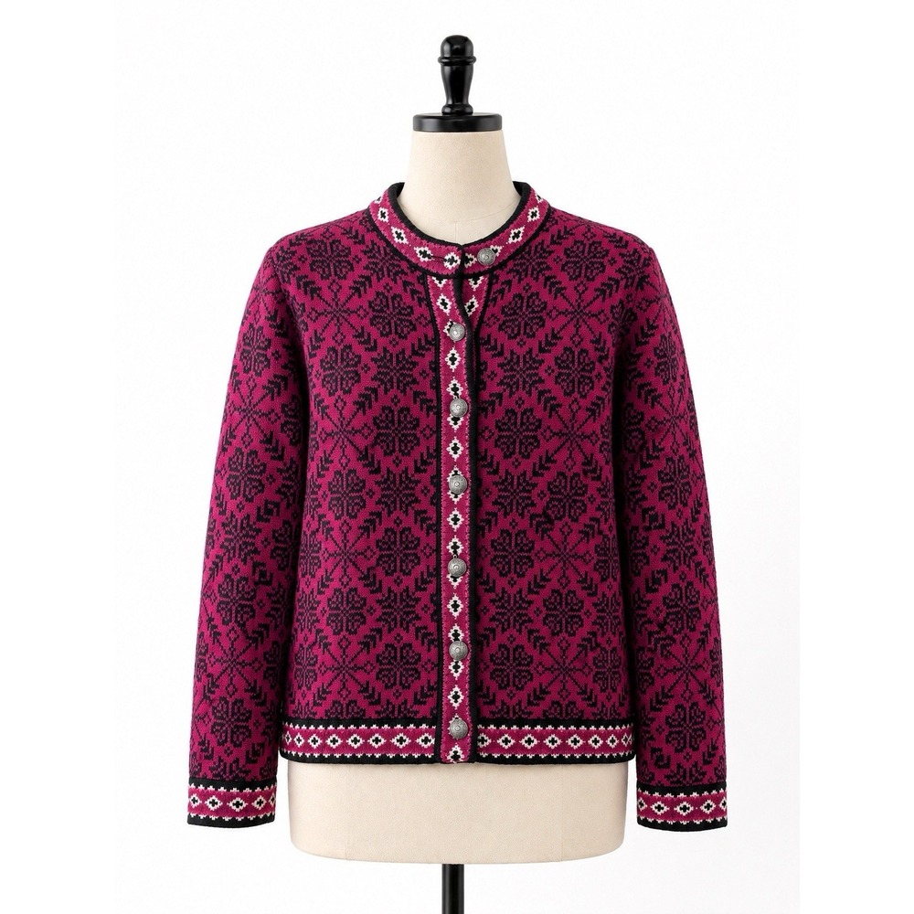 Vintage LL Bean Women's 100% Cotton Magenta Cardigan Fair Isle Nordic Size S